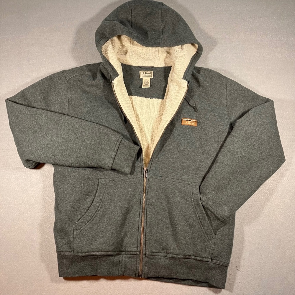 LL Bean Men L Regular Gray Sherpa Lined Warm Full Zip Hoodie Sweatshirt Outdoors